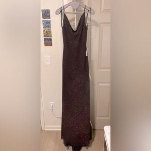 Vintage Old New Stock Masquerade Gown in Chocolate Chiffon/Copper Glitter Size 8